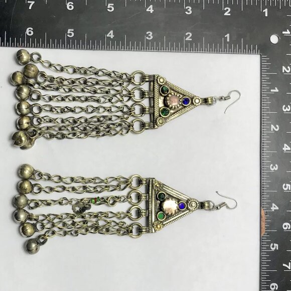 Vintage Long Bells Earrings, Silver Kuchi Boho Jewelry, Handmade Kuchi Earrings - Picture 4 of 7